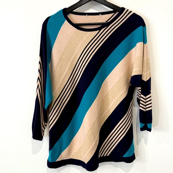 Tanjay Striped Teal and Beige Sweater - Picture 1 of 15